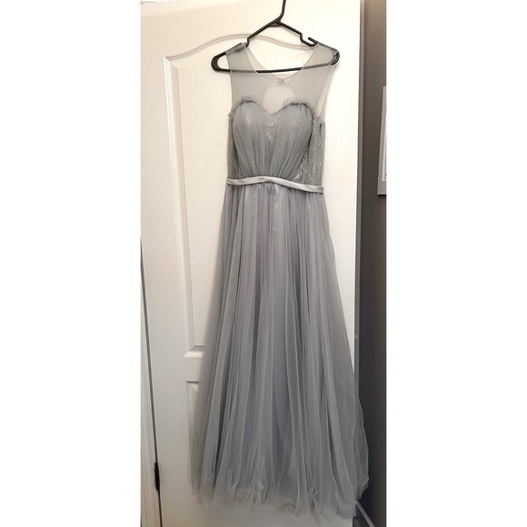 PROM DRESS👗Dusk Blue Tulle Sleeveless Long Lace Embroidered Dress - Picture 3 of 6